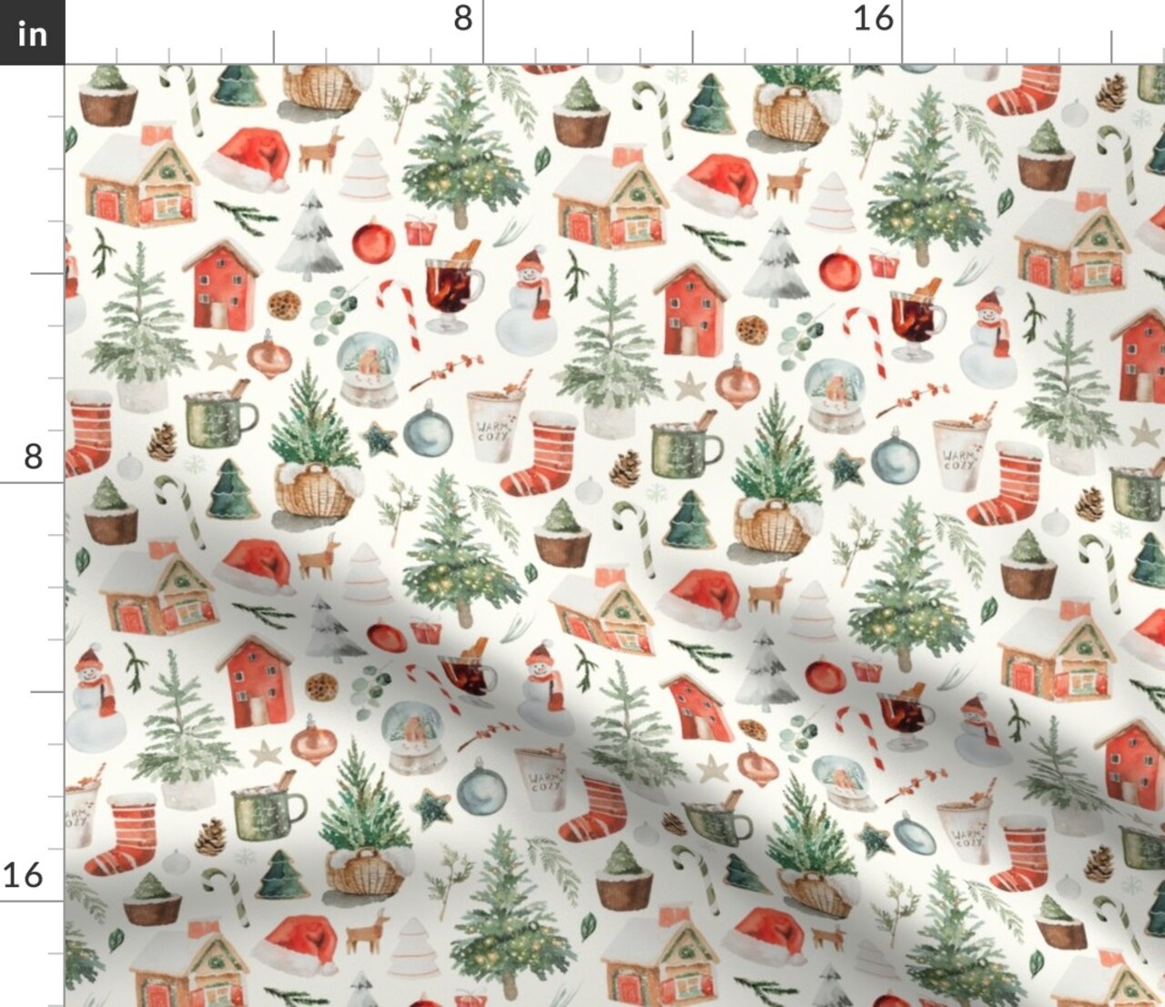 Watercolor Christmas Winter Holiday Rustic Cozy Cabin Tree Stocking Baking Custom Printed Fabric by Spoonflower Various Fabrics by the Yard or Fat Quarter